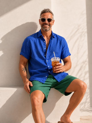 RIVOLI Cobalt Blue Linen Short Sleeve Shirt for Men | FABULOUS! Linen