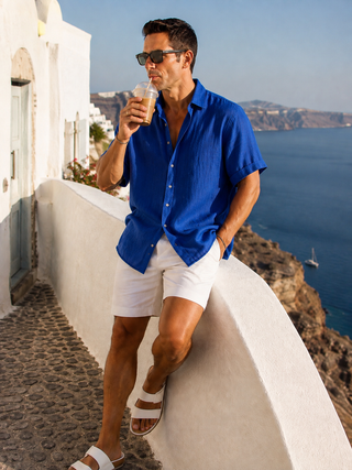 RIVOLI Cobalt Blue Linen Short Sleeve Shirt for Men | FABULOUS! Linen