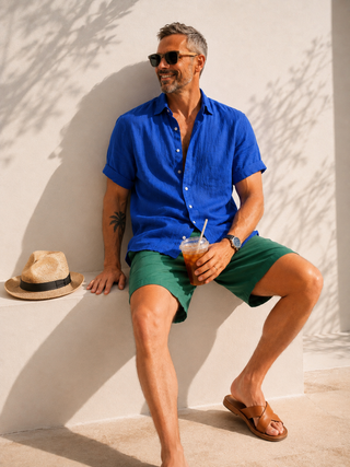 RIVOLI Cobalt Blue Linen Short Sleeve Shirt for Men | FABULOUS! Linen