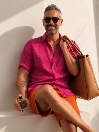RIVOLI Fuchsia Linen Short Sleeve Shirt for Men | FABULOUS! Linen