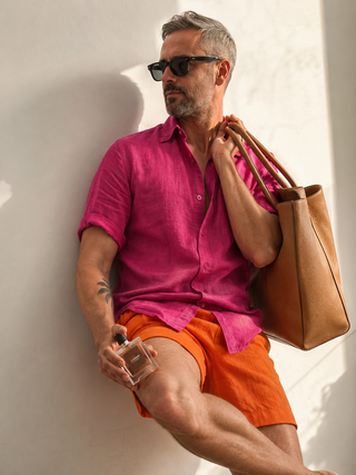 RIVOLI Fuchsia Linen Short Sleeve Shirt for Men | FABULOUS! Linen