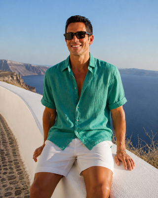 RIVOLI Mediterranean Green Linen Short Sleeve Shirt for Men | FABULOUS! Linen
