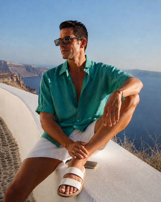 RIVOLI Mediterranean Green Linen Short Sleeve Shirt for Men | FABULOUS! Linen