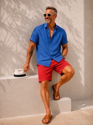 RIVOLI Azure Blue Linen Short Sleeve Shirt for Men | FABULOUS!