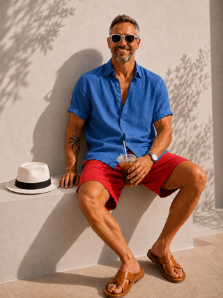 RIVOLI Azure Blue Linen Short Sleeve Shirt for Men | FABULOUS!