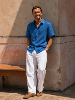 RIVOLI Azure Blue Linen Short Sleeve Shirt for Men | FABULOUS!