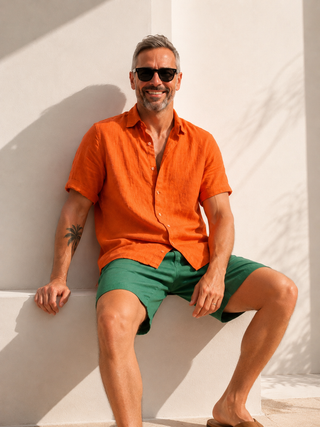RIVOLI Sunlit Orange Linen Short Sleeve Shirt for Men | FABULOUS! Linen