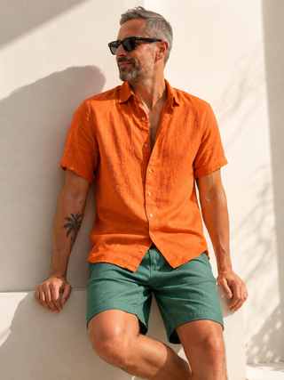 RIVOLI Sunlit Orange Linen Short Sleeve Shirt for Men | FABULOUS! Linen