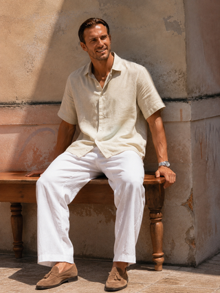 RIVOLI Sand Beige Linen Short Sleeve Shirt for Men | FABULOUS! Linen