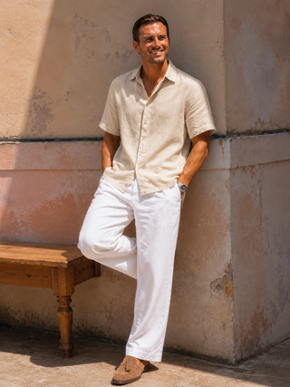 RIVOLI Sand Beige Linen Short Sleeve Shirt for Men | FABULOUS! Linen