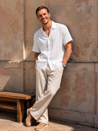 RIVOLI White Premium Linen Short Sleeve Shirt for Men | FABULOUS! Linen