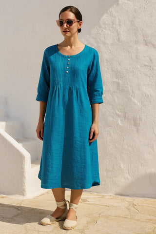 ISLA PURE NATURAL LINEN SOLID COLOR PLEATED DRESS VENICE BLUE P C Crafts