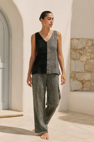 SARALA Pure Natural Linen Color Block V NECK TANK TOP P C Crafts