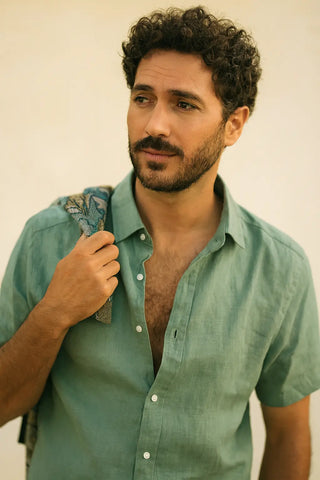 LEONARDO: Effortless Summer Pure Natural Linen Short Sleeve Shirt P C Crafts