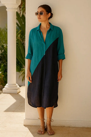 SHENNA SHIRT PURE NATURAL LINEN COLOR BLOCK LONG DRESS P C Crafts