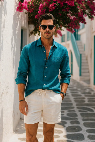 Francesco Men Natural Linen Teal / Venice Blue Shirt P C Crafts