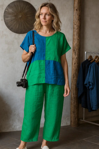 VESALA PURE NATURAL LINEN COLOR BLOCK OVERSIZED TUNIC P C Crafts