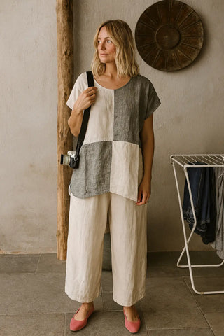 VESALA PURE NATURAL LINEN COLOR BLOCK OVERSIZED TUNIC P C Crafts