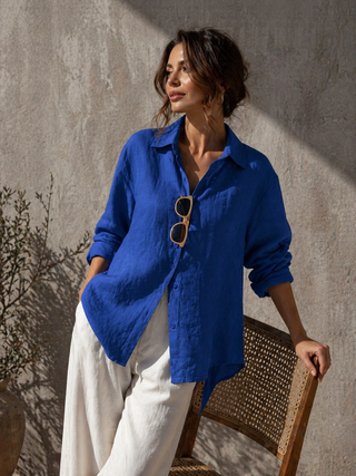 Premium Washed Linen Shirt in Marine Blue - Narla Shirt | FABULOUS! Linen by P C Crafts