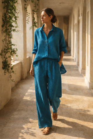 NARLA Teal Blue Pure Natural Linen Shirt – Timeless Luxury Essential
