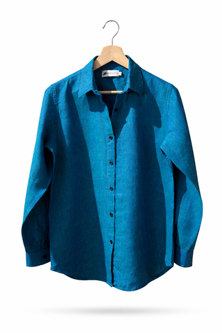 NARLA Teal Blue Pure Natural Linen Shirt – Timeless Luxury Essential