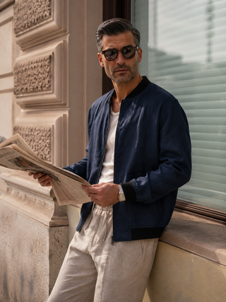 RIVIERO Navy Black Trim Linen Jacket for Men | FABULOUS! Linen