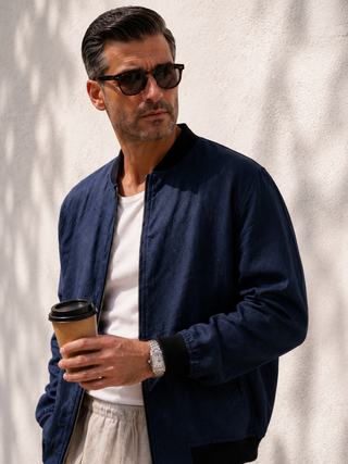 RIVIERO Navy Black Trim Linen Jacket for Men | FABULOUS! Linen
