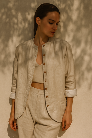 SOPHIA Sand Beige Pure Linen Jacket & Matching Pant Set for Women | FABULOUS! Linen