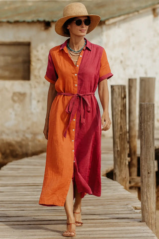 SHENNA PURE NATURAL LINEN COLOR BLOCK SHIRT DRESS P C Crafts