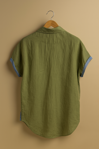 Viva-Premium Moss Green Linen Cap Sleeve Shirt with Contrast Trim