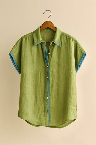 Viva-Premium Moss Green Linen Cap Sleeve Shirt with Contrast Trim