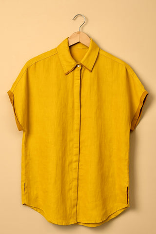Viva-Premium Mustard Linen Cap Sleeve Shirt – Minimalist Luxury Summer Shirt