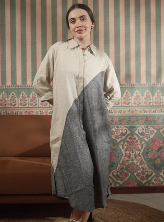 SHENNA SHIRT PURE NATURAL LINEN COLOR BLOCK LONG DRESS P C Crafts