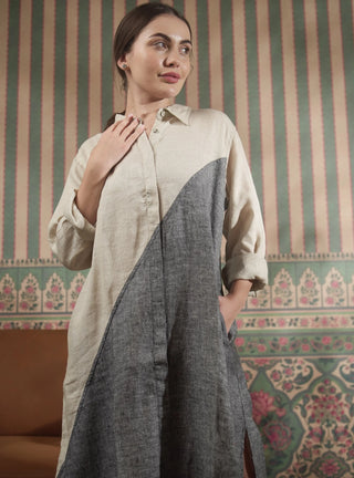 SHENNA SHIRT PURE NATURAL LINEN COLOR BLOCK LONG DRESS P C Crafts