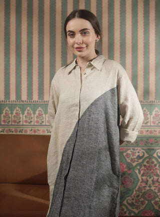 SHENNA SHIRT PURE NATURAL LINEN COLOR BLOCK LONG DRESS P C Crafts