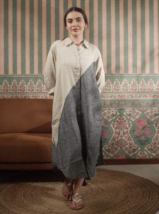 SHENNA SHIRT PURE NATURAL LINEN COLOR BLOCK LONG DRESS P C Crafts