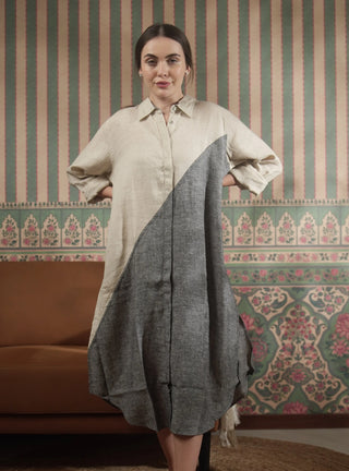 SHENNA SHIRT PURE NATURAL LINEN COLOR BLOCK LONG DRESS P C Crafts