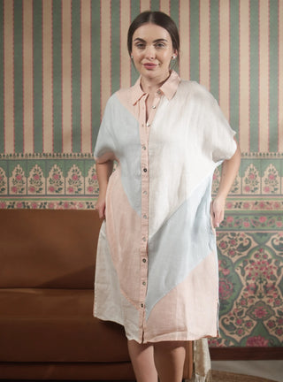 KOYA PURE NATURAL LINEN COLOR BLOCK MID LENGTH SHIRT DRESS P C Crafts