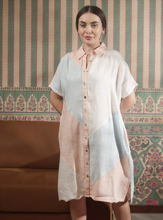 KOYA PURE NATURAL LINEN COLOR BLOCK MID LENGTH SHIRT DRESS P C Crafts
