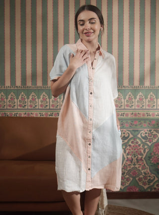 KOYA PURE NATURAL LINEN COLOR BLOCK MID LENGTH SHIRT DRESS P C Crafts