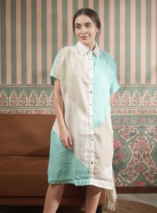 KOYA PURE NATURAL LINEN COLOR BLOCK MID LENGTH SHIRT DRESS P C Crafts