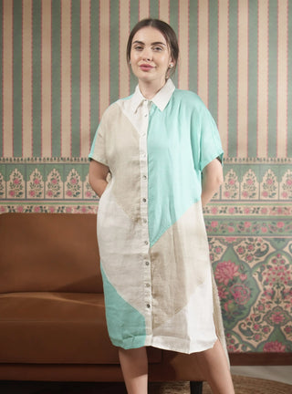 KOYA PURE NATURAL LINEN COLOR BLOCK MID LENGTH SHIRT DRESS P C Crafts