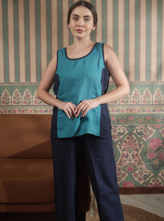 VERVE Pure Natural Linen COLOR BLOCK ROUND NECK TANK TOP P C Crafts