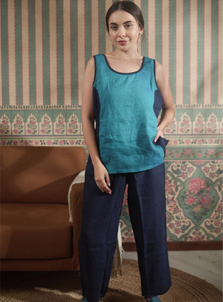 VERVE Pure Natural Linen COLOR BLOCK ROUND NECK TANK TOP P C Crafts