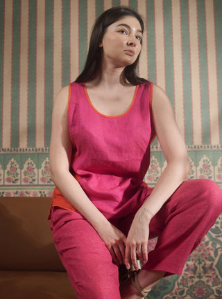 VERVE Pure Natural Linen COLOR BLOCK ROUND NECK TANK TOP P C Crafts