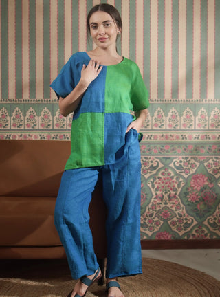 VESALA Pure Natural Linen CHECKERED COLOR BLOCK CO-ORD SET P C Crafts