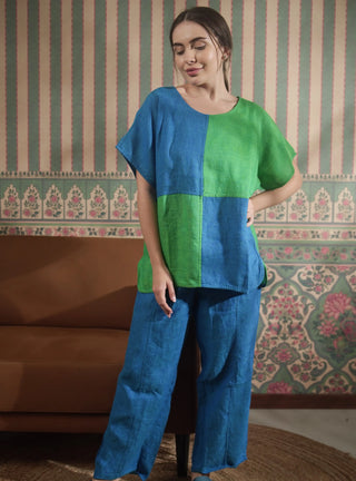 VESALA Pure Natural Linen CHECKERED COLOR BLOCK CO-ORD SET P C Crafts