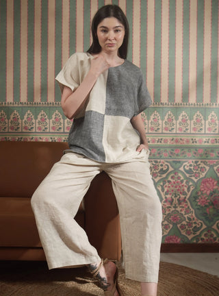 VESALA PURE NATURAL LINEN COLOR BLOCK OVERSIZED TUNIC P C Crafts