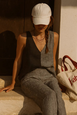 SARALA Pure Natural Linen Color Block V NECK TANK TOP P C Crafts