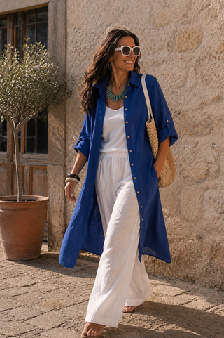 SHENNA Cobalt Blue Pure Linen Shirt Dress for Women | FABULOUS! Linen